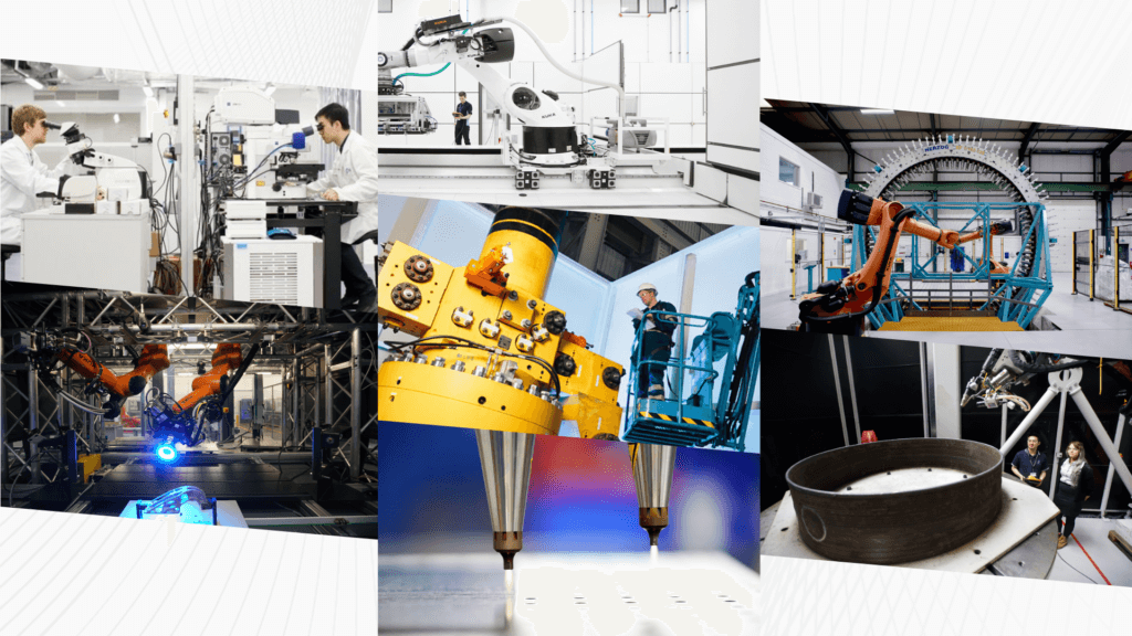 Seven images edited together featuring manufacturing equipment and facilities