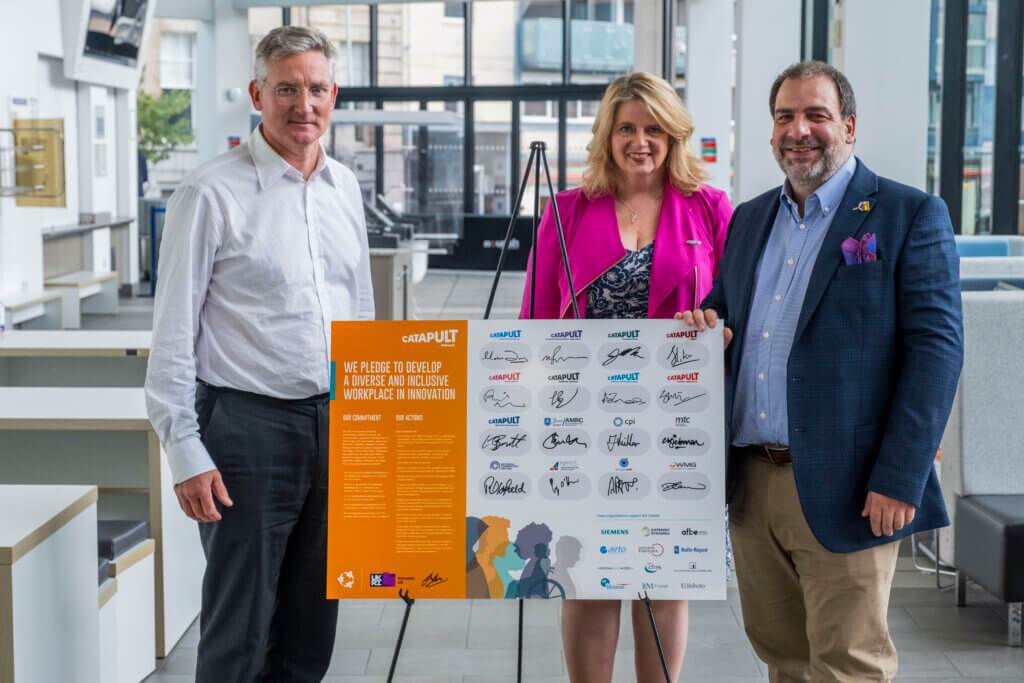 Left to right: Matthew Durdy, former Chair of the Catapult Network, Katherine Bennett, former Deputy Chair of the Catapult Network, Andrew Jamieson, Chair of AIRTO 