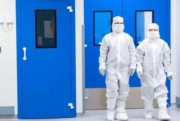 Two people in hazmat satefy suits in a laboratory