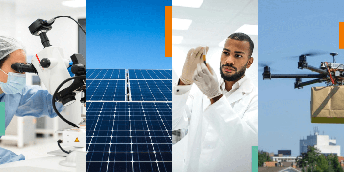 Graphic of four images including a microscope, a solar panel, a man examining a samply and a flying drone